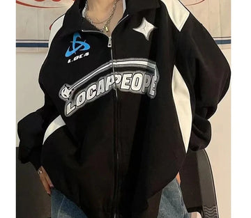 Getadme Y2K Women Oversized Sweatshirts Vintage Autumn Letter Print Zipper Jacket Caots Korean Streetwear Trend Female Hoodies Tops